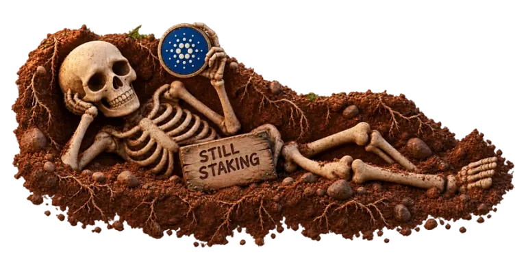 A buried Cardano holder's skeleton, still clutching an ADA coin beside a Still Staking sign.