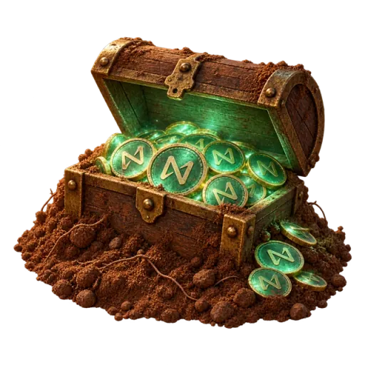 A half-buried treasure chest overflowing with glowing green NEAR coins.