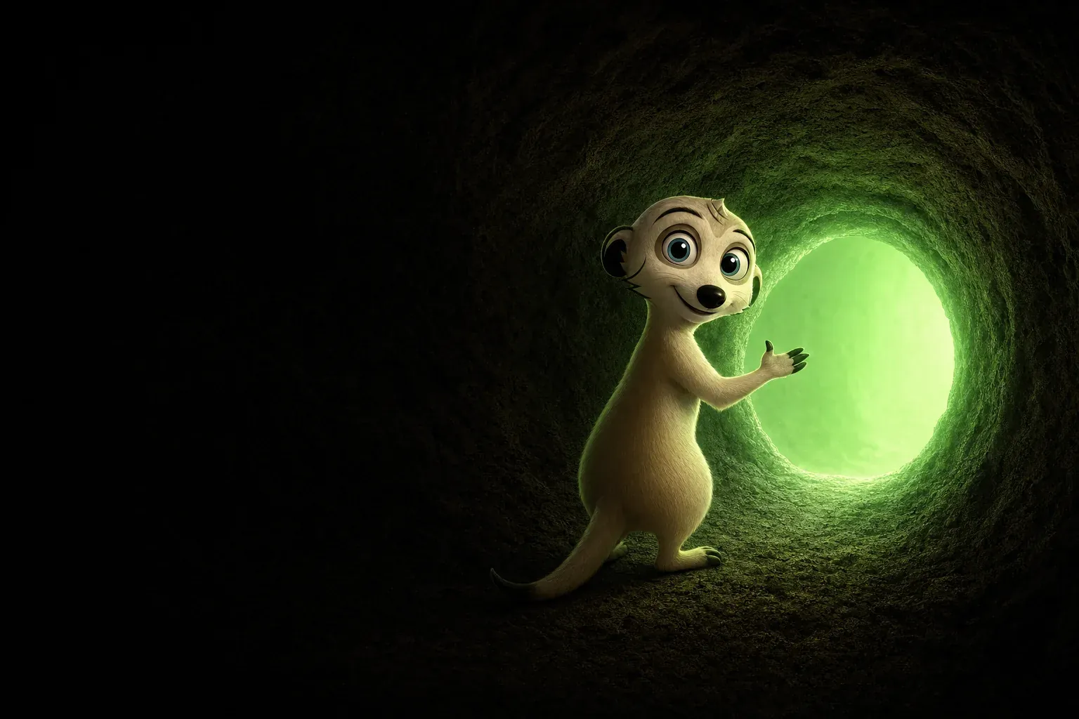 A meerkat beside a tunnel mouth glowing green, inviting you in
