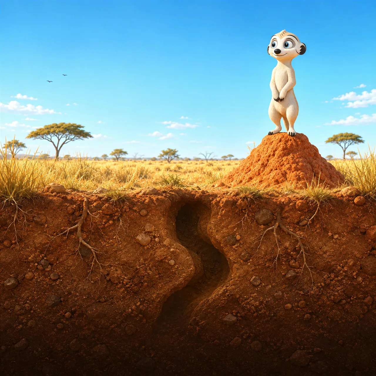 A meerkat keeps watch over the savannah, with roots and a winding burrow revealed beneath the earth