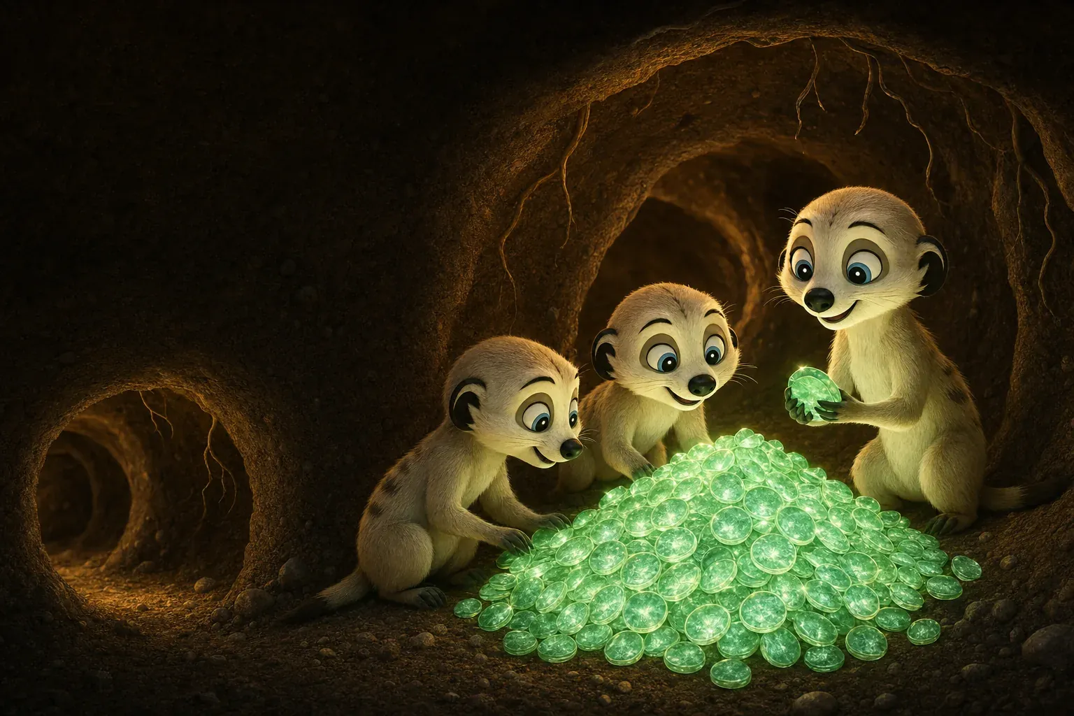 Meerkats in an earth chamber gathered around a pile of glowing green coins